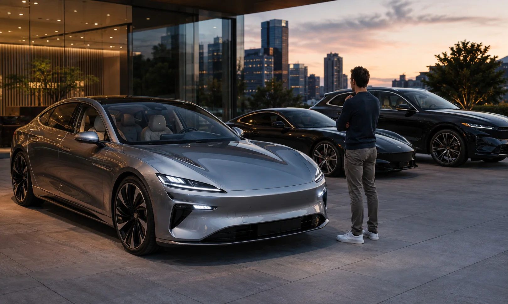 A man stands outside a modern luxury showroom at dusk, comparing a sleek silver electric sedan parked in front with a black sports car and a black luxury SUV behind it, set against a city skyline.