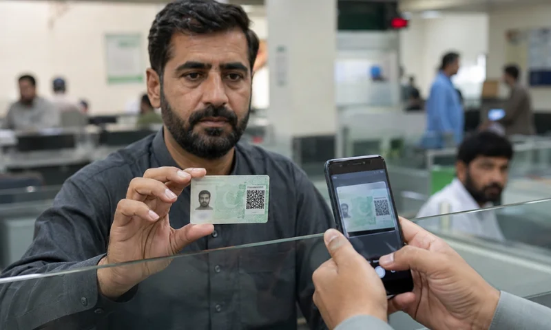 Pakistani citizen holds a new QR code-based identity card while it is scanned with a smartphone at a government service counter.