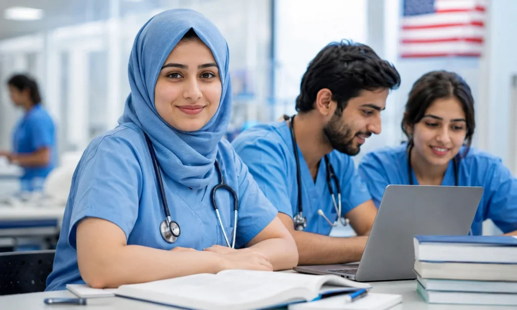 Pakistani nurses in blue scrubs preparing for international healthcare careers, with medical books and a laptop in a modern training setting and a US flag visible in the background.