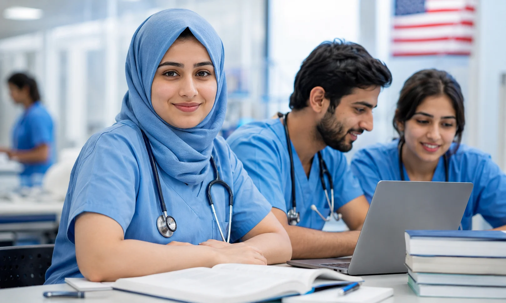 Pakistani nurses in blue scrubs preparing for international healthcare careers, with medical books and a laptop in a modern training setting and a US flag visible in the background.