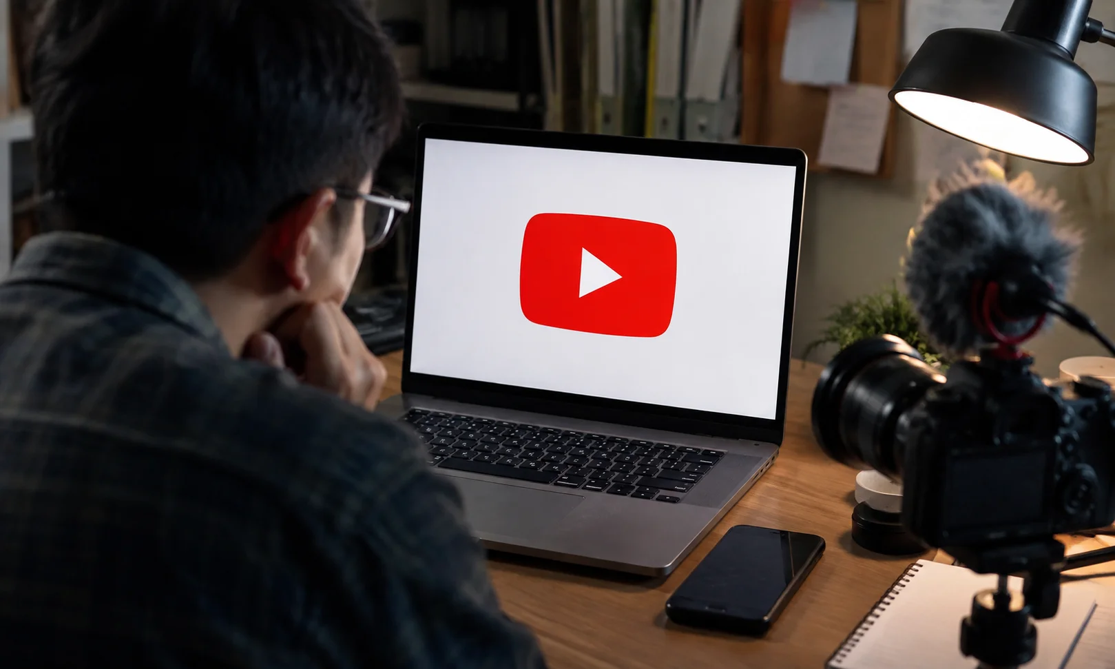 A content creator sits at a desk looking at a laptop displaying the YouTube logo, with a camera, microphone, smartphone and notebook nearby in a home studio setup.